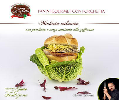 Milanese michetta with porchetta and saffron-marinated cabbage.
